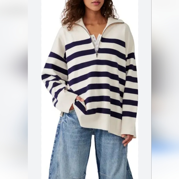 FREE PEOPLE Coastal Navy Cream Navy Striped Half Zip Pullover NWT - Picture 2 of 9